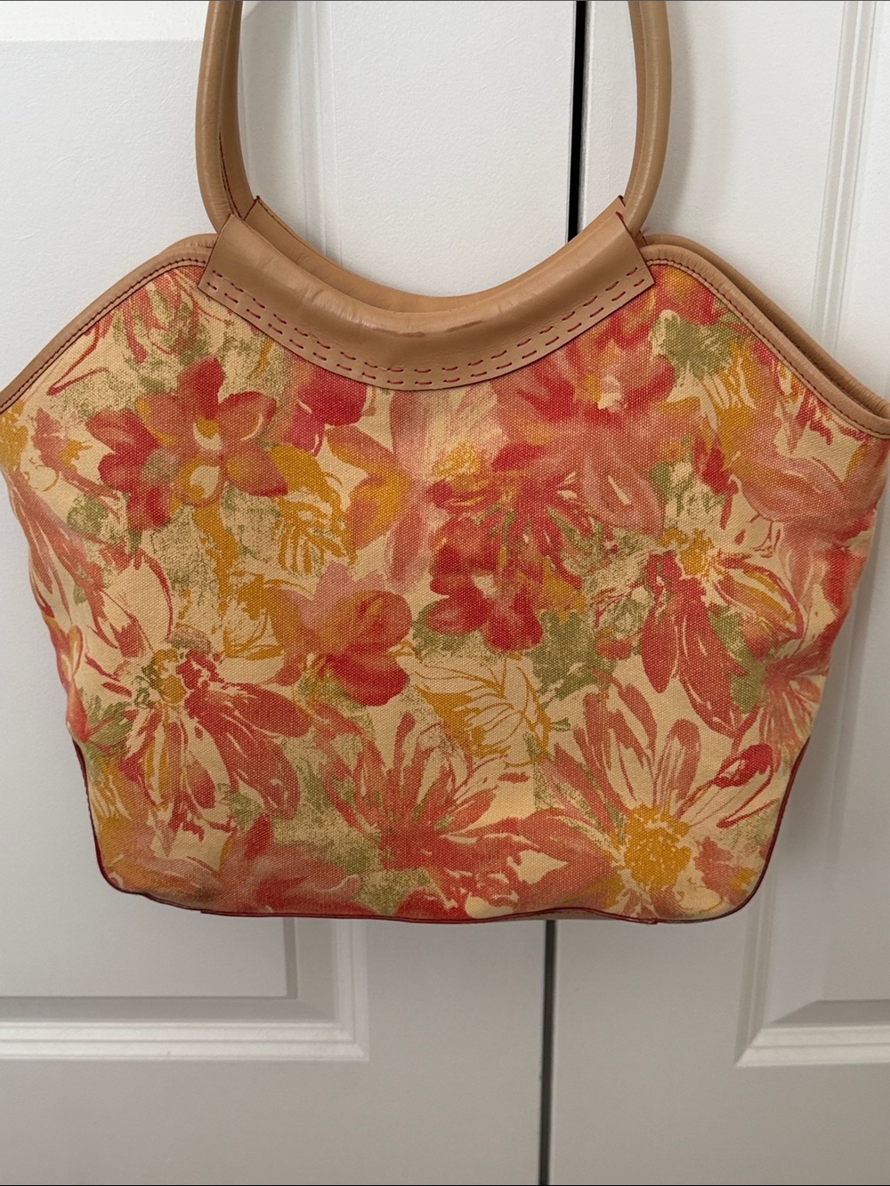 J Jill Floral Heavy Canvas Tote Bag with Tan Leather Handles